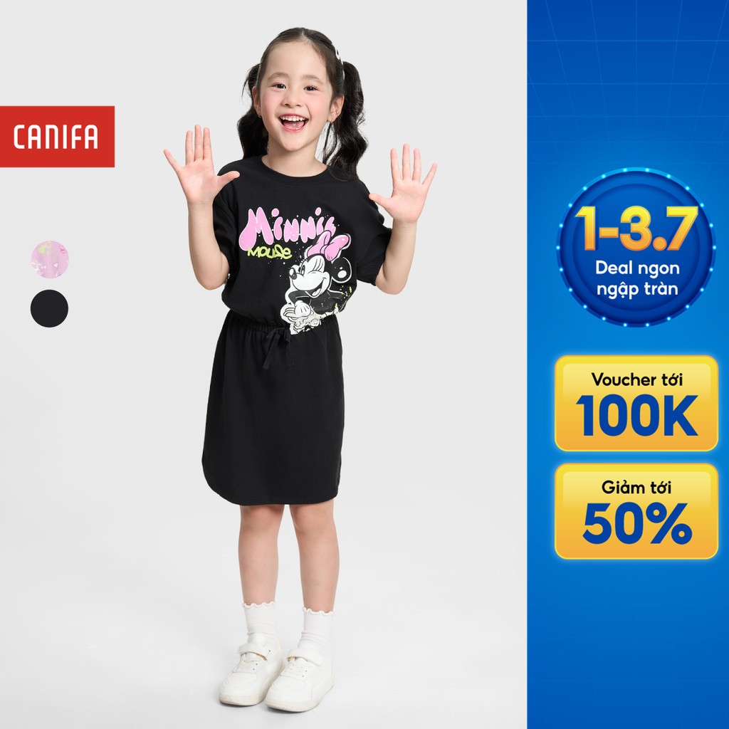 Váy liền bé gái CANIFA cộc tay bo eo in hình Mickey & Friend 1DS25S003