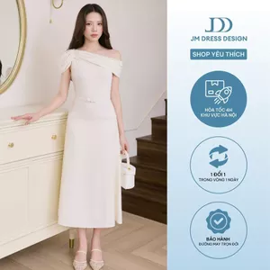 Đầm Xuân Hè Chân Đổ Ngang Vai 1S23.2604, Đầm Midi Dáng A Lệch Vai Ôm Thân Trên Hông Xoè Nhẹ Phong Cách Thanh Lịch By JM