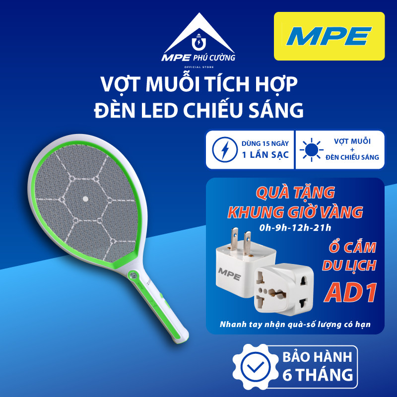 (CHÍNH HÃNG) MPE - Vợt muỗi 3 tầng lưới 2 chế độ hoạt động tích hợp đèn led chiếu sáng Chính hãng MPE