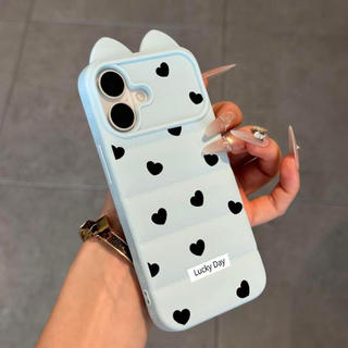 Ốp lưng nhựa mềm áo lông vũ tai mèo trái tim đen in nhãn chữ, chống va đập bền lâu iPhone 12/13/14/15/16 Pro Max