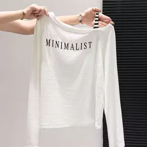 Áo thun dài tay bằng vải Cotton có dây buộc cao mùa thu Áo thun dài tay sọc in chữ Slim @