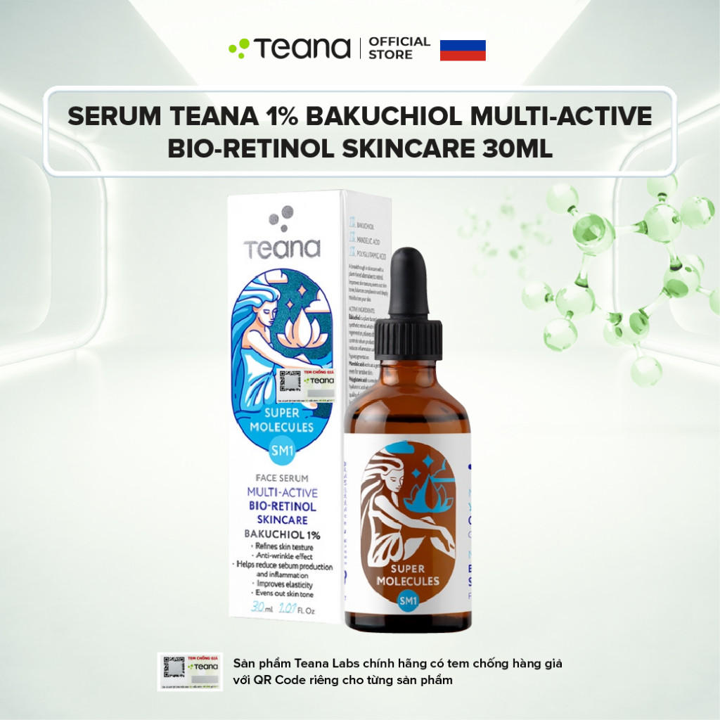 Serum Teana 1% Bakuchiol SM1 Super Molecules Multi-Active Bio-Retinol dưỡng ẩm, làm sáng và trẻ hóa da 30ml