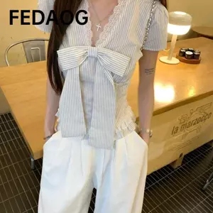 Áo thun sọc FEDAOG, chi tiết thắt nút Áo sơ mi nơ cổ chữ V thoáng khí, họa tiết sọc ren viền tay ngắn mặc mùa hè