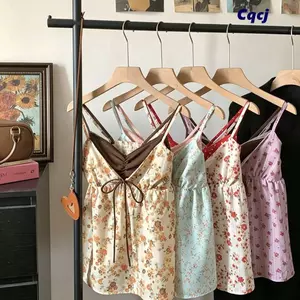 CQCJ Crop Tank Top, Áo hai dây hoa họa tiết hoa không lưng, Ren viền dây đeo Vest Trang phục mùa hè dành cho nữ