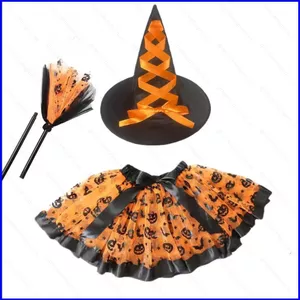 GN 3 Cái / bộ Bộ Váy Bí Ngô Halloween Mũ Phù Thủy chổi váy tutu NG