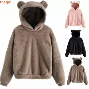 THEGIRL8B Áo Khoác Sang Trọng, Áo Khoác Tai Gấu Dài Tay Màu Trơn, Áo Chui Đầu Quần Áo Fuzzy Áo Khoác Lông Cừu Mùa Đông