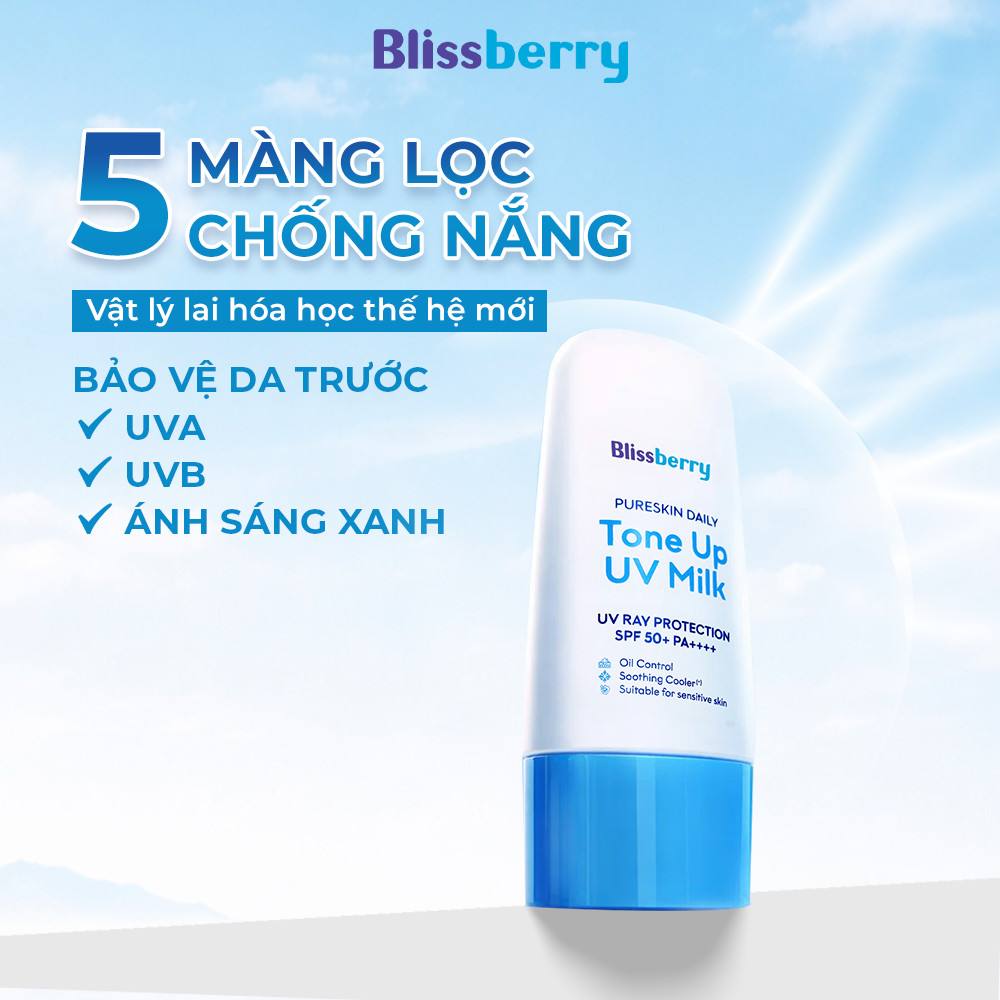 (DA DẦU MỤN) Kem Chống Nắng Nâng Tone Mát Dịu Kiềm Dầu Blissberry Tone Up UV Milk 60ml SPF 50+ PA++++