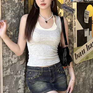 Lớp Phong Cách Tương Phản Màu Sắc Một Mảnh Cốc Áo Vest Nữ C138-R Dây Đeo Vai Đôi Bao Ngực Sling Ôm Hơn Nhìn Phù Hợp Với Hàng Đầu H7NZ