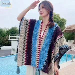 JVSUB Áo Poncho Mông Cổ, Áo Cardigan Sọc Phong Cách Dân Tộc Tua Rua Khăn Choàng, Polyester Mềm Bohemian Mùa Đông Ấm Áp Đan Quấn Áo Lớp Phủ