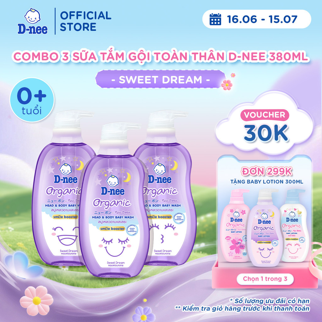 Combo 3 Tắm gội toàn thân em bé (<3 tuổi) D-nee 380 ML - Sweet Dream (Smile Booster Series)
