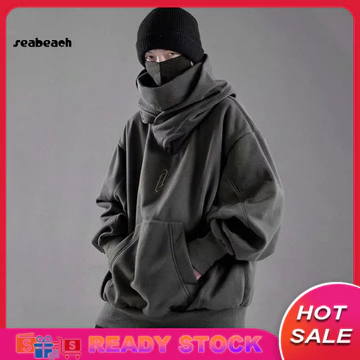 [Hàng có sẵn] Áo hoodie nam mùa thu màu trơn có mũ trùm đầu dài tay quá khổ Hip Hop Cổ cao ấm áp Áo hoodie mùa đông đường phố vải nam