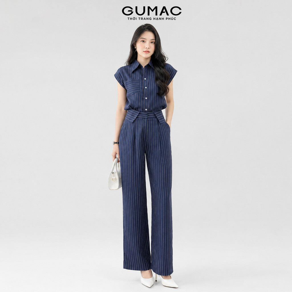 Set Lẻ Áo Sơ Mi Nữ GUMAC Tay Liền Phối Sọc Trẻ Trung LAF0525 - Quần Tây Nữ Suông Lưng Kiểu Thanh Lịch LQF0546