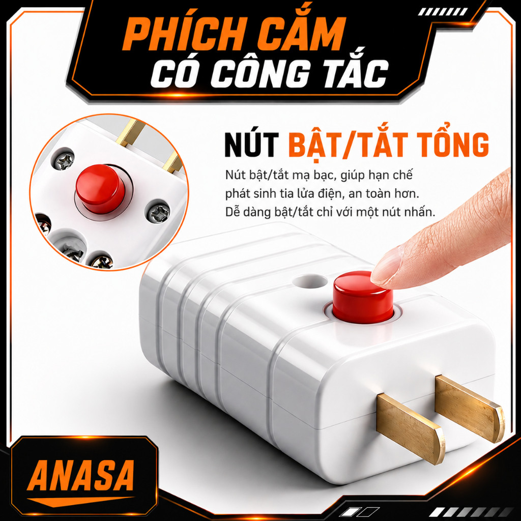 Phích Cắm Điện Có Công Tắc - Hạn Chế Tia Lửa Điện 10A 250VCC