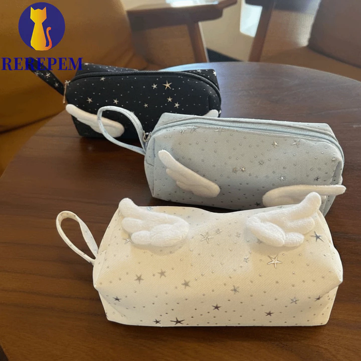 Hộp đựng bút chì MARTIN1 Wings Star Dots, Túi đựng bút phong cách Hàn Quốc dung tích lớn Y2k, Túi đựng mỹ phẩm Văn phòng phẩm In hình Lưu trữ máy tính để bàn Túi đựng văn phòng phẩm Giá đỡ văn phòng p