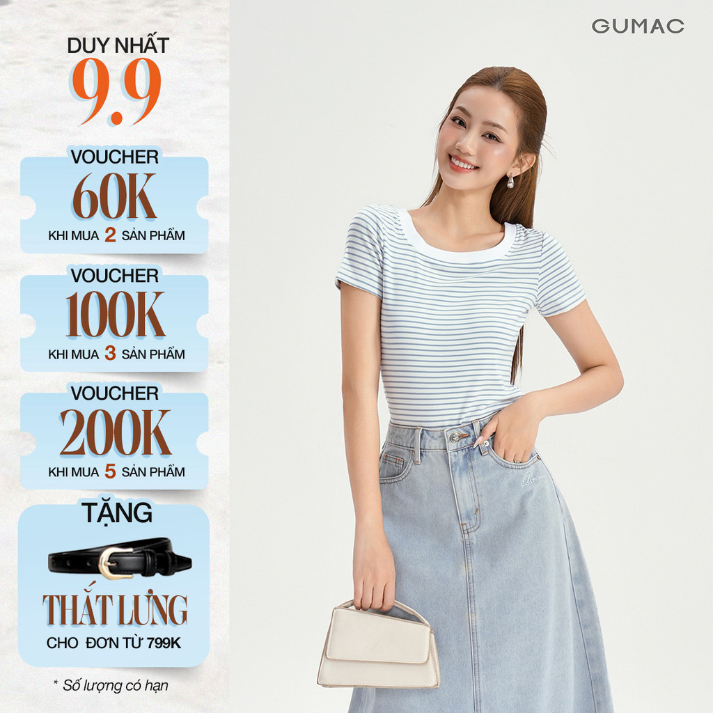 Áo Thun Cổ Vuông Nữ GUMAC Áo Phông Kẻ Sọc Ngang Dáng Ôm Chất Thun Gân Co Giãn LATG0407