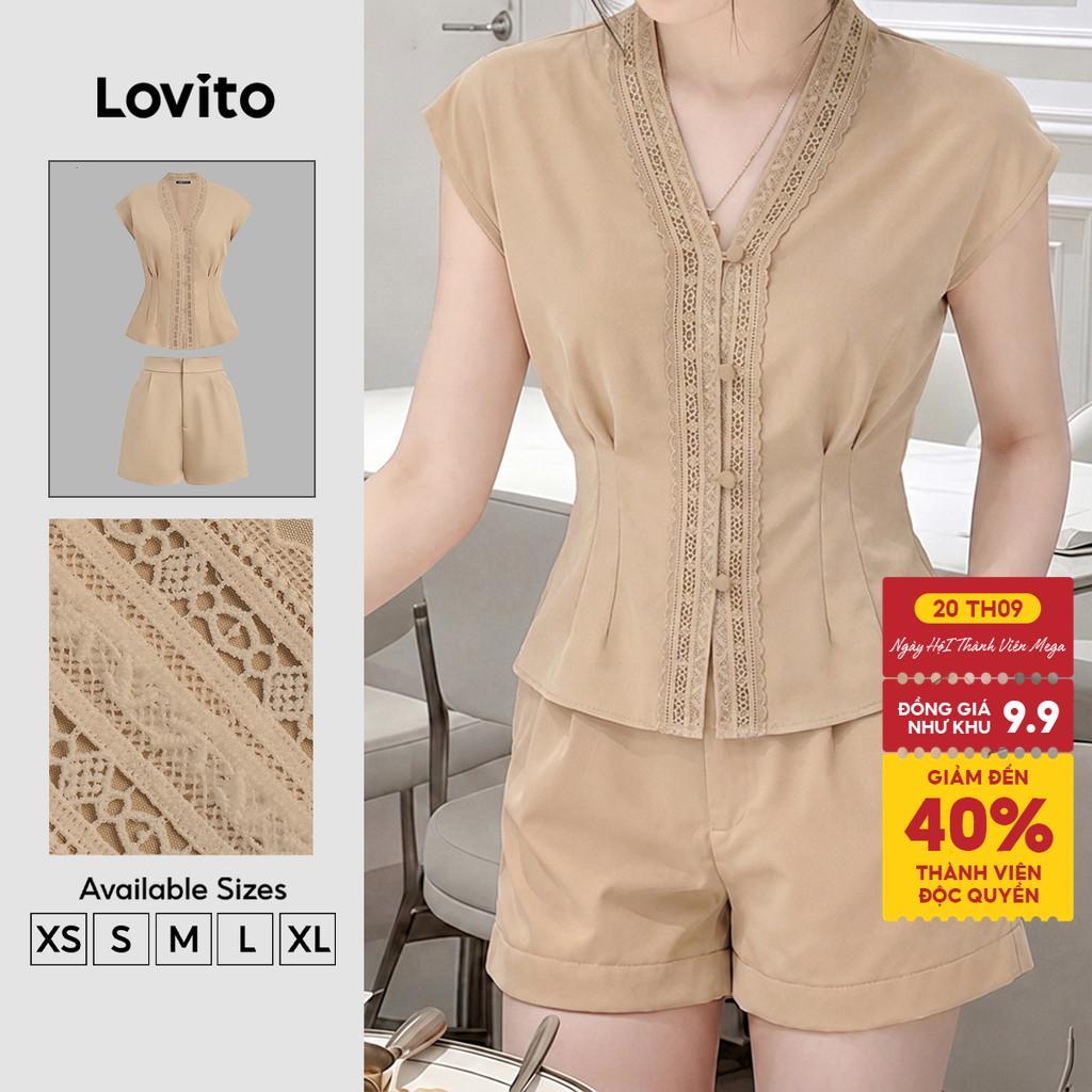 Lovito Bộ đồ short thường ngày khaki có cúc mùa xuân/hè dành cho nữ SHK8P1D536