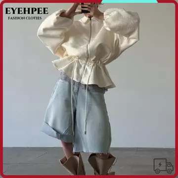Áo khoác nữ EYEHPEE, Áo khoác crop màu trơn eo dây rút, Tay áo lồng đơn giản Peplum Hem Zip Up Áo khoác thắt lưng văn phòng đi lại