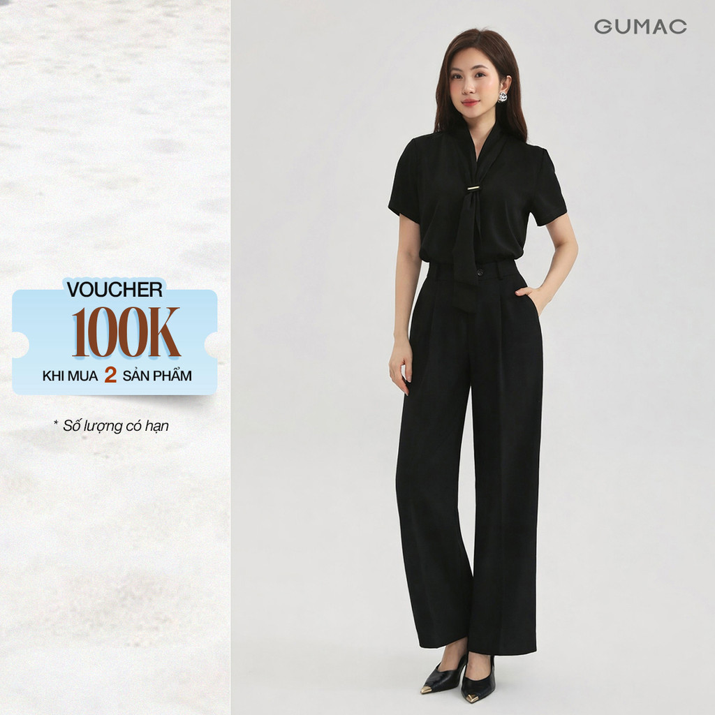 Quần Ống Rộng Nữ 98cm GUMAC Quần Tây Công Sở Lưng Cao Chiết Ly Vải Chéo Thái Cạp Cao LQF0906