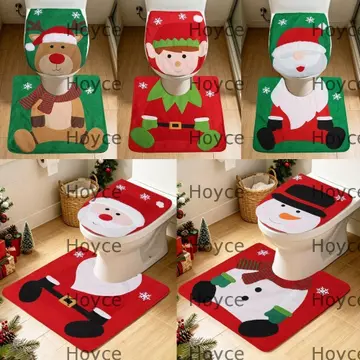 HOYCE Vỏ bọc ghế vệ sinh Giáng sinh, Bộ hai mảnh Thiết kế ông già Noel Thảm tắm Giáng sinh, Trang trí sáng tạo dễ thương Mềm thấm hút họa tiết nai sừng tấm Người tuyết Bộ thảm phòng tắm năm