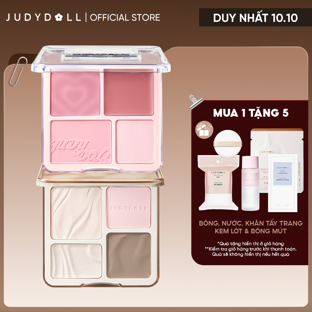 [Combo 2] Bảng Tạo Khối Bắt Sáng Highlight 4 Ô JUDYDOLL & Bảng Má Hồng 4 Ô JUDYDOLL Mỏng Nhẹ Lên Màu Tự Nhiên Mịn Da