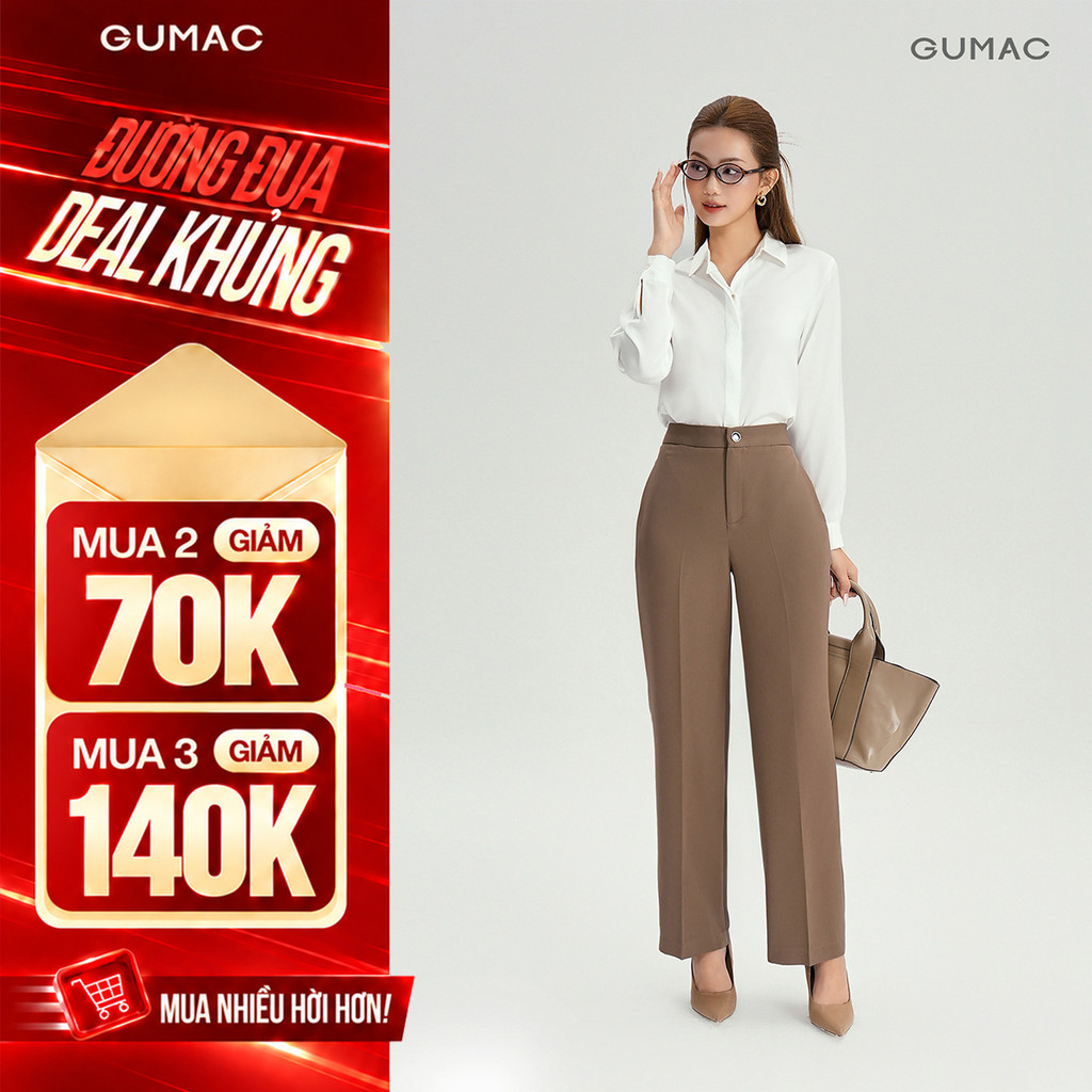 [DEAL HOT GIẢM 70K] Quần Ống Suông Nữ 98cm GUMAC Lưng Cao Chất Cotton Công Sở Dáng Dài Cạp Cao Loe Nhẹ QE04001