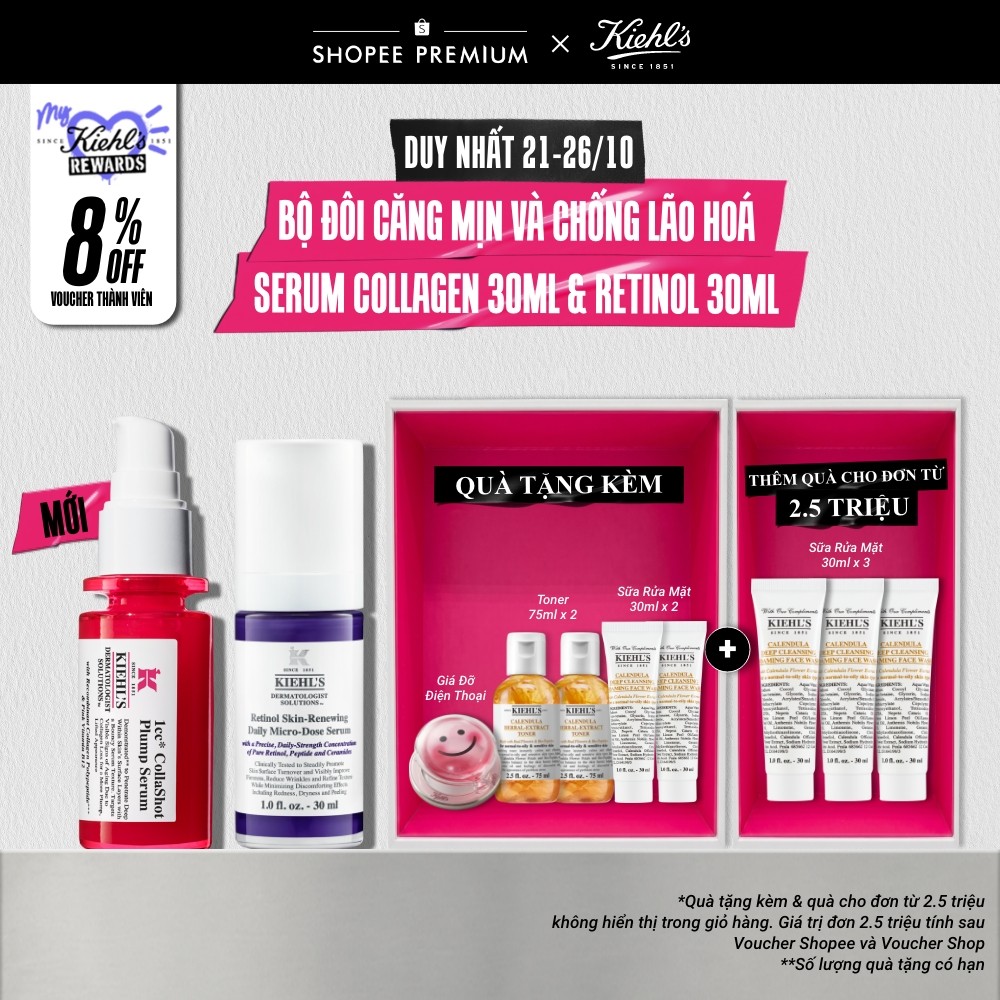 Bộ đôi tinh chất giúp săn chắc da và hỗ trợ ngăn ngừa lão hóa Kiehl's 1cc Collashot Plump Serum 30ml & Retinol 30ml