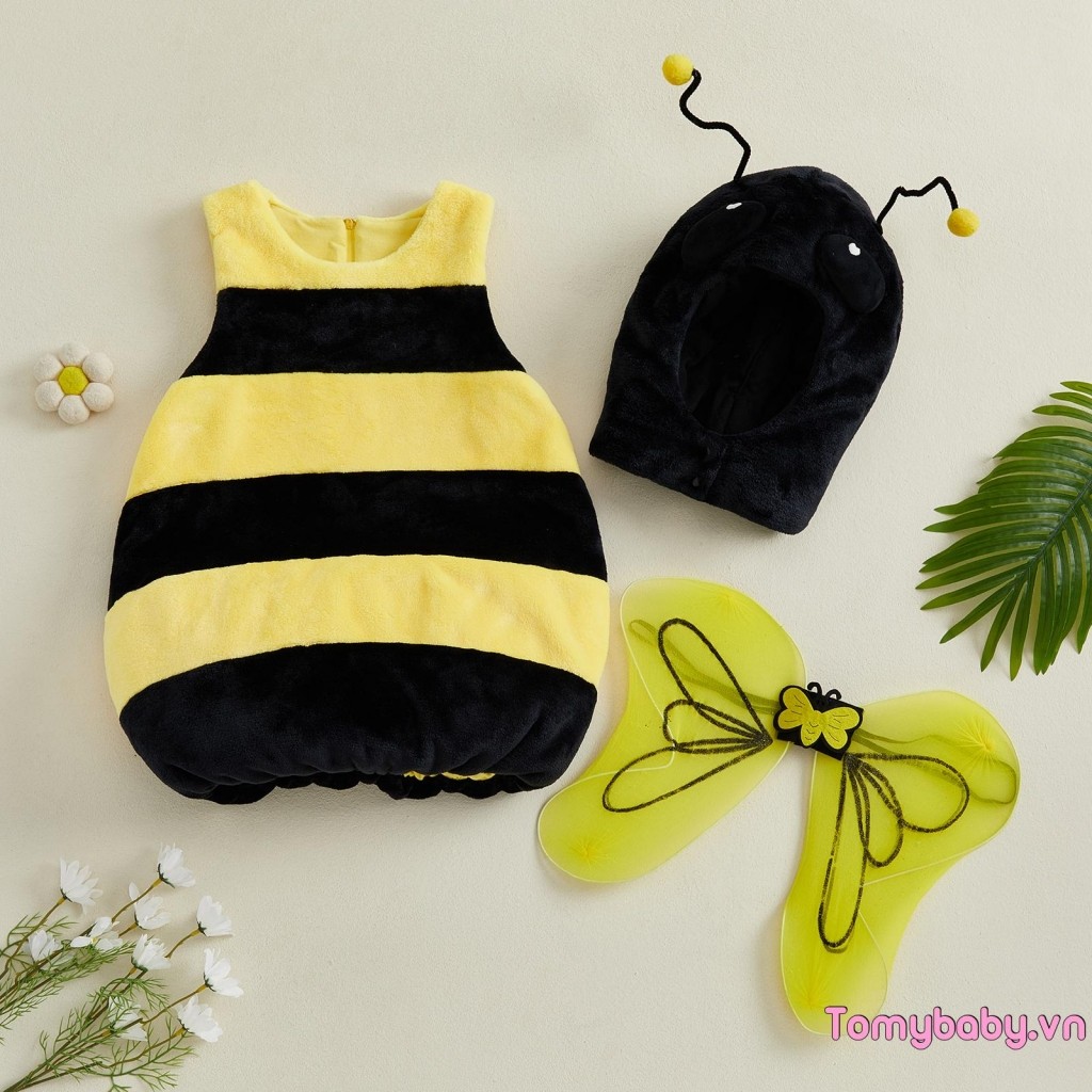 Trang phục ong trẻ em Bộ áo liền quần không tay cao cấp + Bộ cánh mũ trùm đầu cho bữa tiệc Halloween