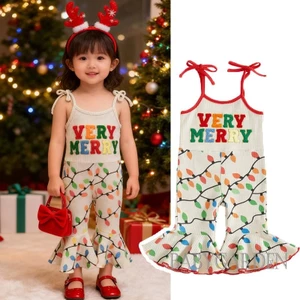 0-7 Tuổi Trẻ Em Bé Gái Giáng Sinh Quần Lót Chữ Thêu Đèn Dây In Không Tay loe Chân Jumsuits