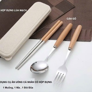 [Hàng đẹp] Bộ muỗng đũa nĩa cao cấp chất liệu inox, cán gỗ, kèm hộp đựng - tiện dụng, siêu bền