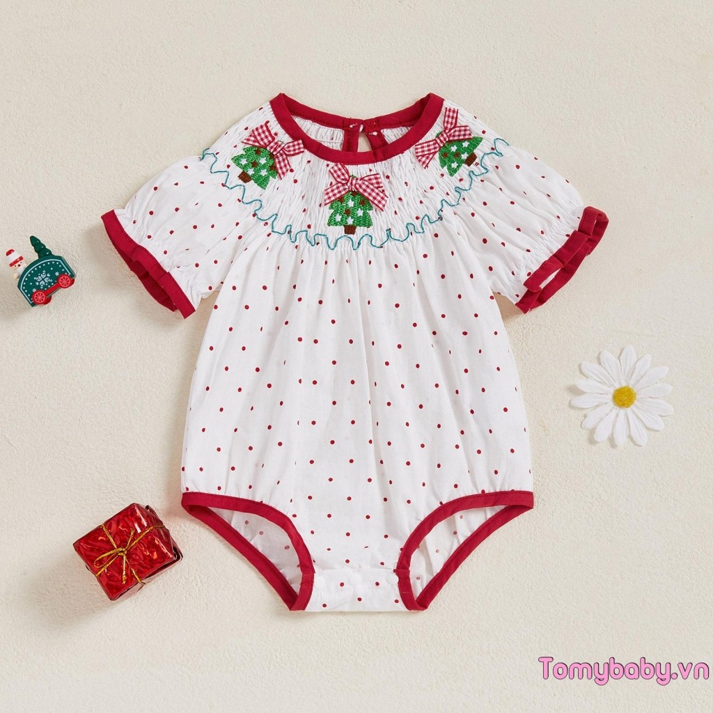 Bé Gái Mùa Hè Áo Liền Quần Chấm Cây Giáng Sinh Thêu Co Giãn Cổ Tròn Xù Tay Ngắn Jumpsuit