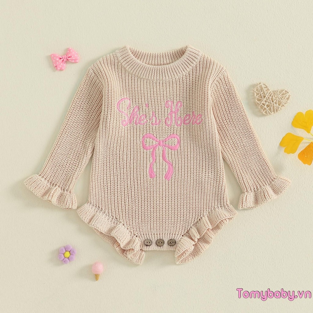 Bé Gái Đan Áo Liền Quần Dài Tay Cổ Tròn Thêu Nơ Chữ Body Cho Hàng Ngày