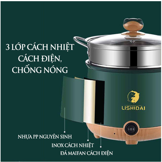 Nồi lẩu mini đa năng 2 tầng tặng vỉ hấp chống dính dung tích 2 lít có thể hấp xào nấu