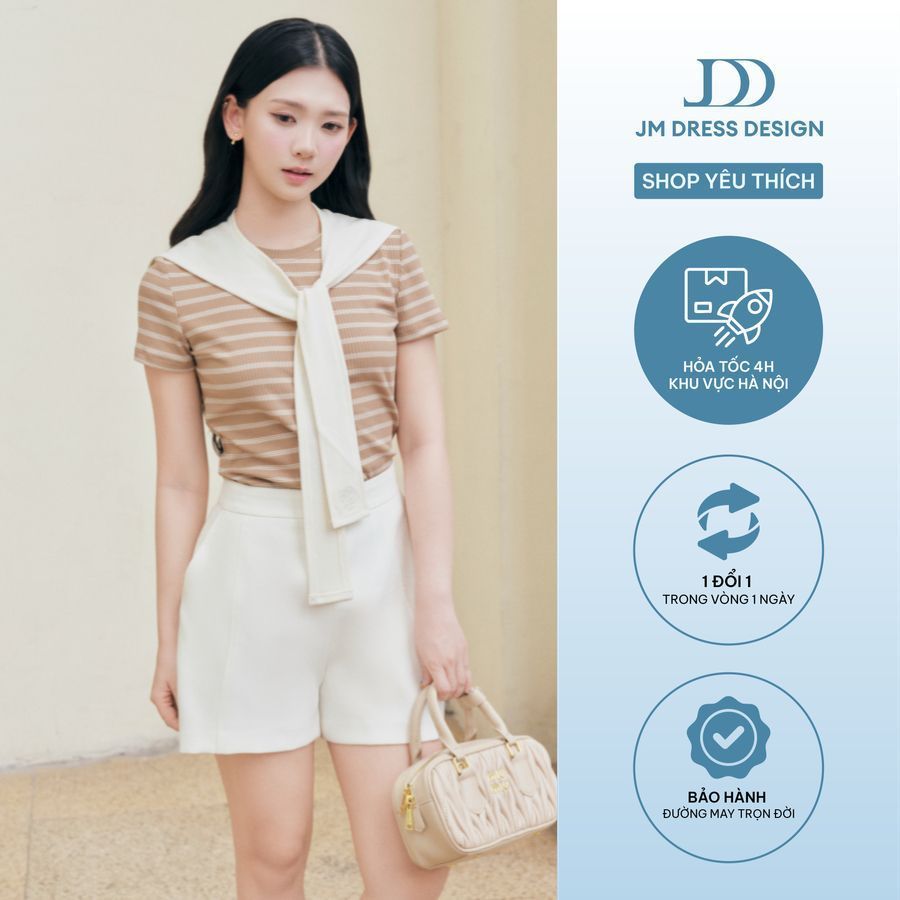 Áo Kiểu Cổ Tròn Dáng Ôm Khăn Buộc 2T42.2606. Áo Thun Kẻ Ngang Form Vừa Vặn Ôm Nhẹ Phối Khăn Buộc Phong Cách Hàn Quốc JM
