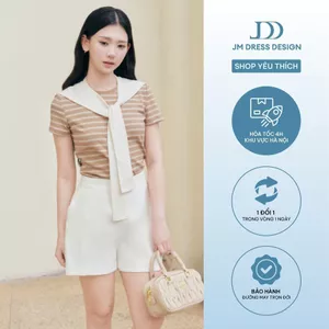 Áo Kiểu Cổ Tròn Dáng Ôm Khăn Buộc 2T42.2606. Áo Thun Kẻ Ngang Form Vừa Vặn Ôm Nhẹ Phối Khăn Buộc Phong Cách Hàn Quốc JM