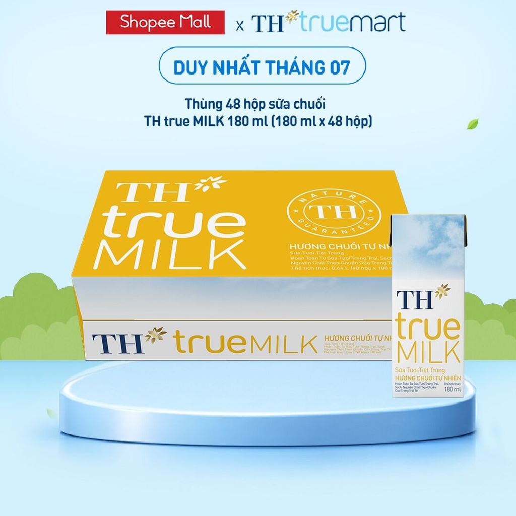 Thùng 48 hộp sữa tươi tiệt trùng TH true MILK hương chuối 180 ml (180 ml x 48)