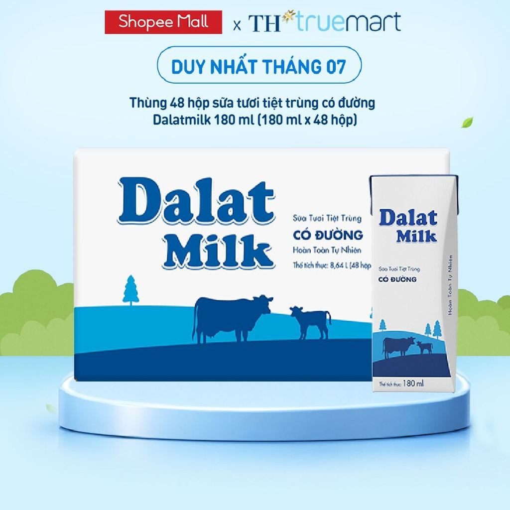 Thùng 48 hộp sữa tươi tiệt trùng  Dalatmilk có đường 180 ml (180 ml x 48)