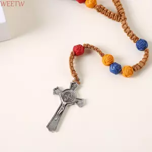 Vòng cổ chữ thập đầy màu sắc WEETW, Vòng cổ chuỗi Mân côi thủ công hạt hồng phước lành, Phụ kiện trang sức Công giáo Bền bỉ Tôn giáo Công giáo đóng đinh Mặt dây chuyền phụ nữ