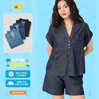 ⚡T5 199K⚡ Áo Sơ Mi Jeans Giấy YODY Tay Cộc Kẹp Gấu Thoáng Mát Thấm Hút Tốt WCSH25S022