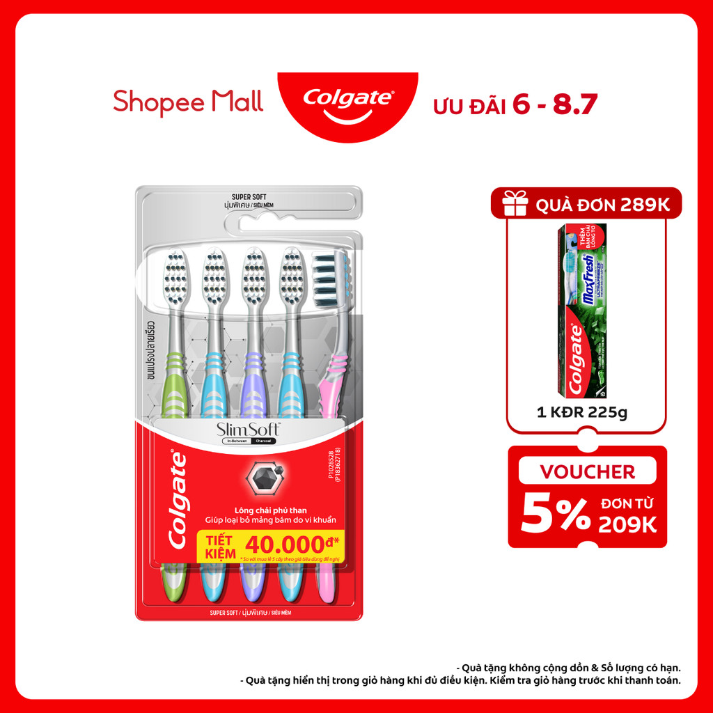 Bộ 5 Bàn chải Colgate Slimsoft Between Charcoal lông chải mềm mảnh xen sợi phủ than hoạt tính