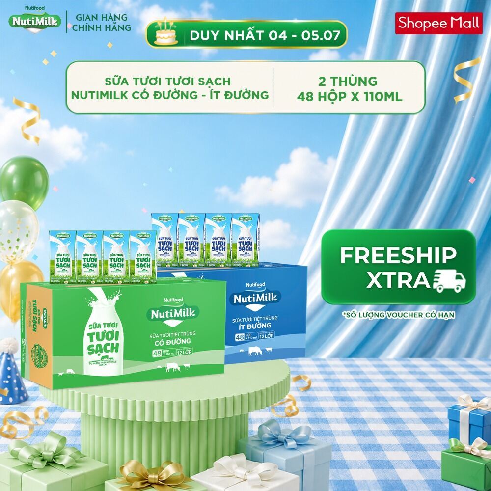 COMBO 2 Thùng 48 Hộp Sữa Tươi Tươi Sạch NutiMilk (1 Có Đường - 1 Ít Đường) 110ml