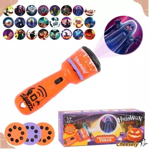 Máy chiếu đèn pin Halloween CHEESELY, với 24 mẫu Đồ chơi đèn pin máy chiếu phát sáng ma bí ngô, Đèn ngủ vui nhộn tương tác Đèn pin chiếu trẻ em