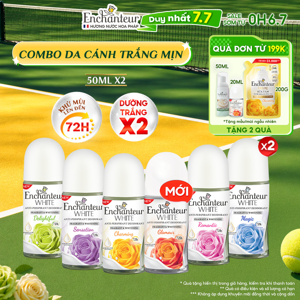 COMBO 2 Lăn khử mùi tới 72H Enchanteur dưỡng sáng da X2 từ Niacinamide & Kem sữa tươi 50ml x2