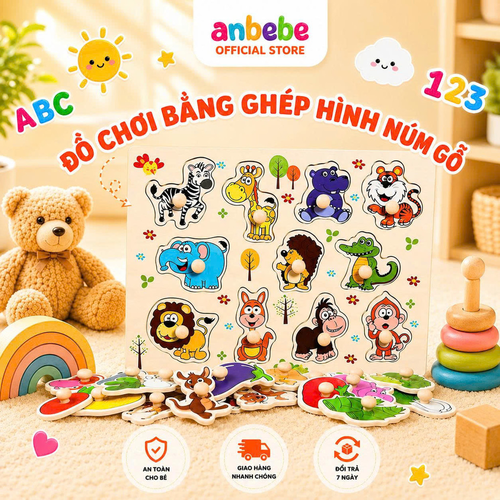 Đồ chơi bảng ghép hình núm gỗ ANBEBE Bảng gỗ có núm, tranh núm cho bé nhiều chủ đề ( LOẠI 1)