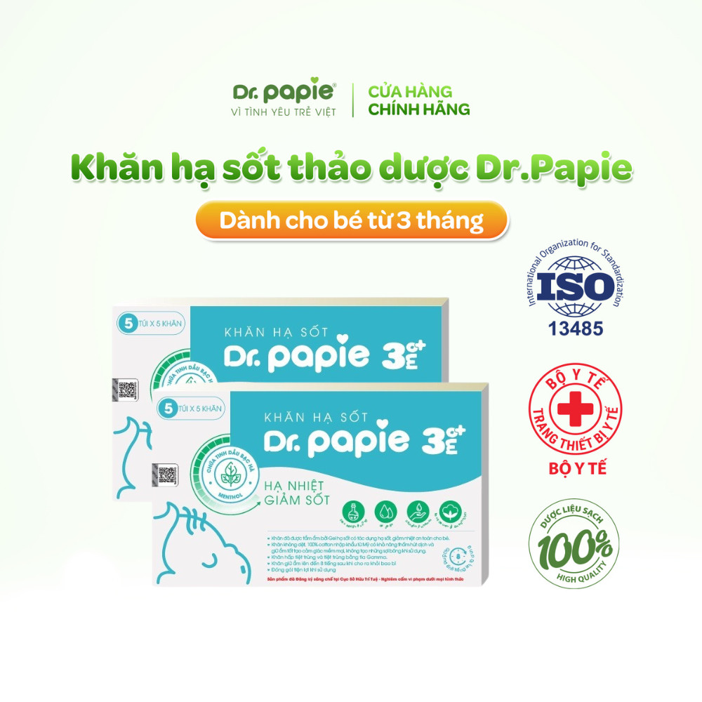 Combo 2 Khăn Hạ Sốt Cho Bé 3 Tháng Chiết Xuất Thảo Dược Giảm Sốt Chuẩn Nhi Khoa Ngừa Co Giật Dr.Papie (25 khăn/hộp)