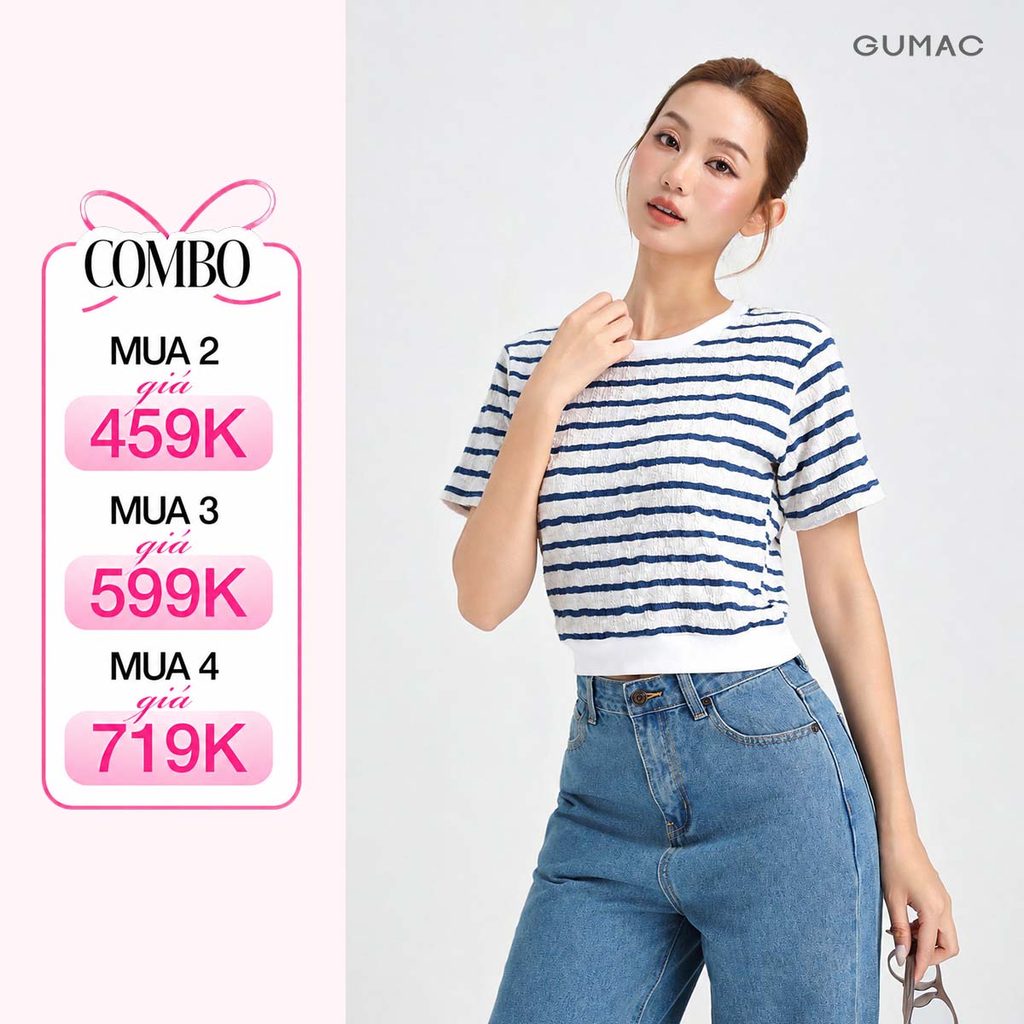 Áo Thun Nữ Tay Ngắn GUMAC Form Slim Phối Sọc Chất Cotton Dệt Mềm Mát Co Giãn Dễ Phối LATF0514