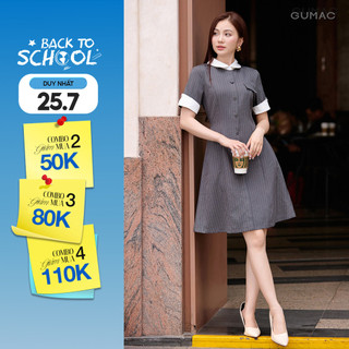 Đầm Nữ GUMAC Dáng A Tay Ngắn Cổ Sơ Mi Phối Trắng Thanh Lịch Hiện Đại DF09021