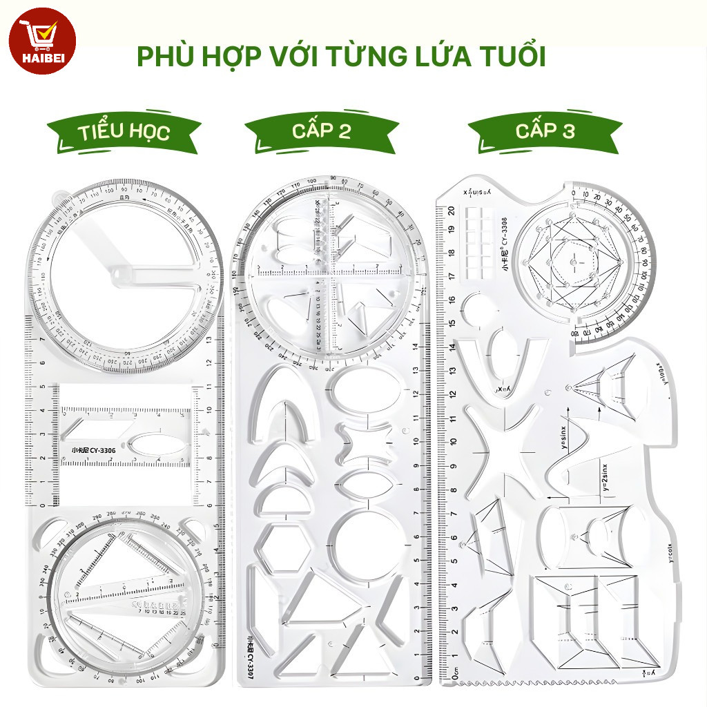 Thước kẻ hình học đa năng, làm bằng nhựa, có thà xoay, trong sut, dùng đồ vẽ hình, phù hợp cho học sinh.