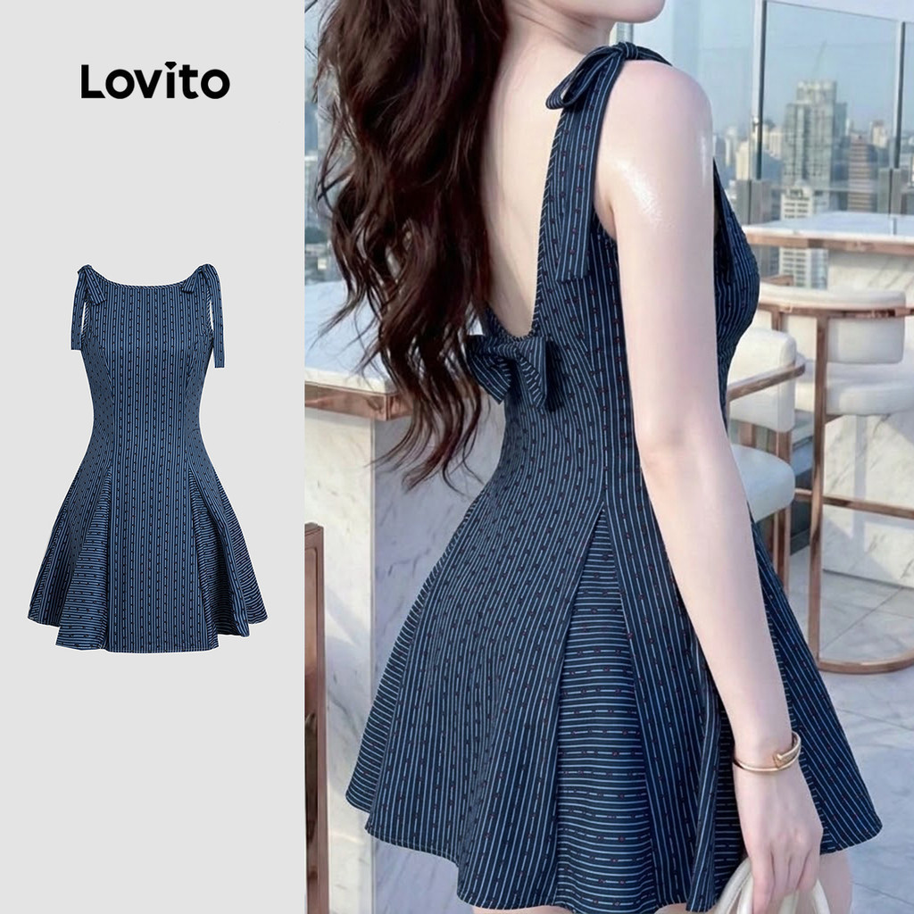Đầm Lovito phong cách thường ngày nơ sau lưng mùa xuân/hè màu xanh đậm cho nữ LK6ED135