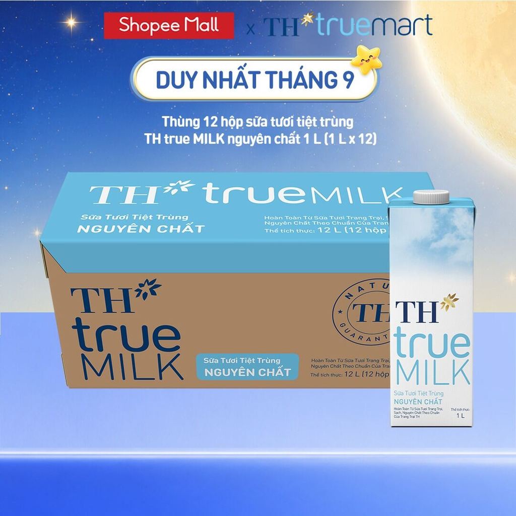 Thùng 12 hộp sữa tươi tiệt trùng TH true MILK nguyên chất 1 L (1 L x 12)