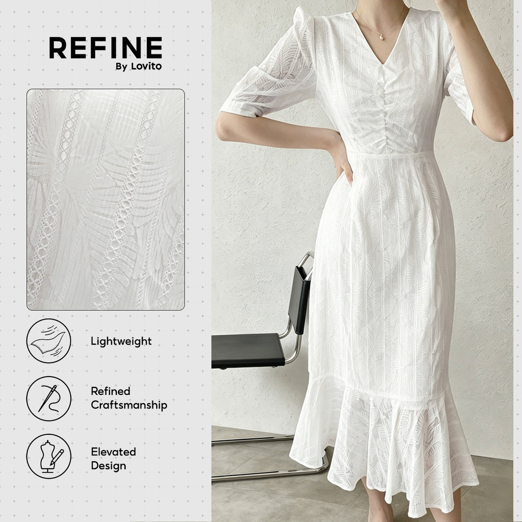 (New Arrival) (Refine by Lovito) Váy công sở bông thêu mềm mại jacquard độc đáo váy nữ kem tinh tế xuân hè DRR42P1D013